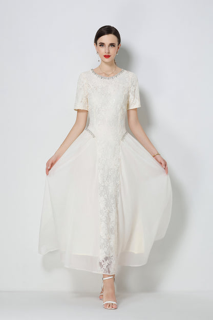 Effortlessly Short Sleeve Beading Lace & Chiffon Maxi Dress