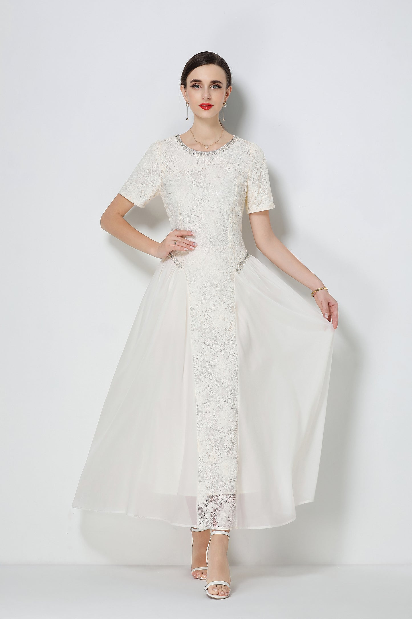 Effortlessly Short Sleeve Beading Lace & Chiffon Maxi Dress