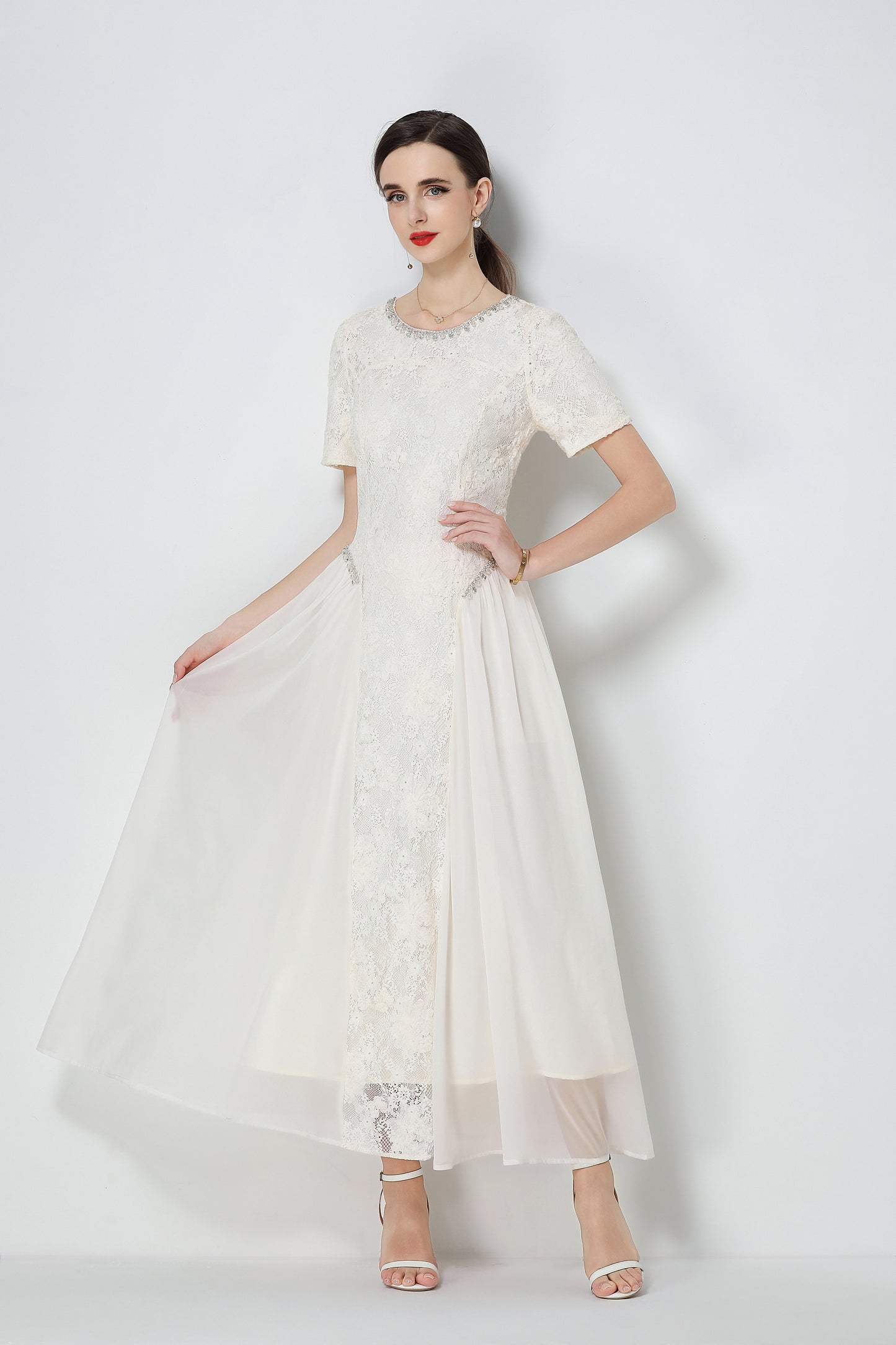 Effortlessly Short Sleeve Beading Lace & Chiffon Maxi Dress