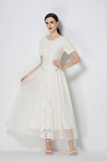 Effortlessly Short Sleeve Beading Lace & Chiffon Maxi Dress