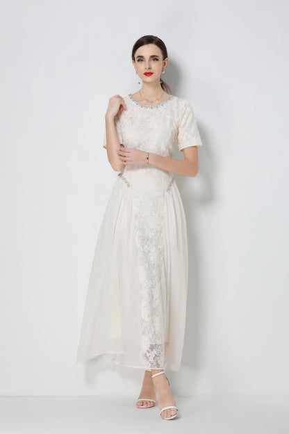 Effortlessly Short Sleeve Beading Lace & Chiffon Maxi Dress