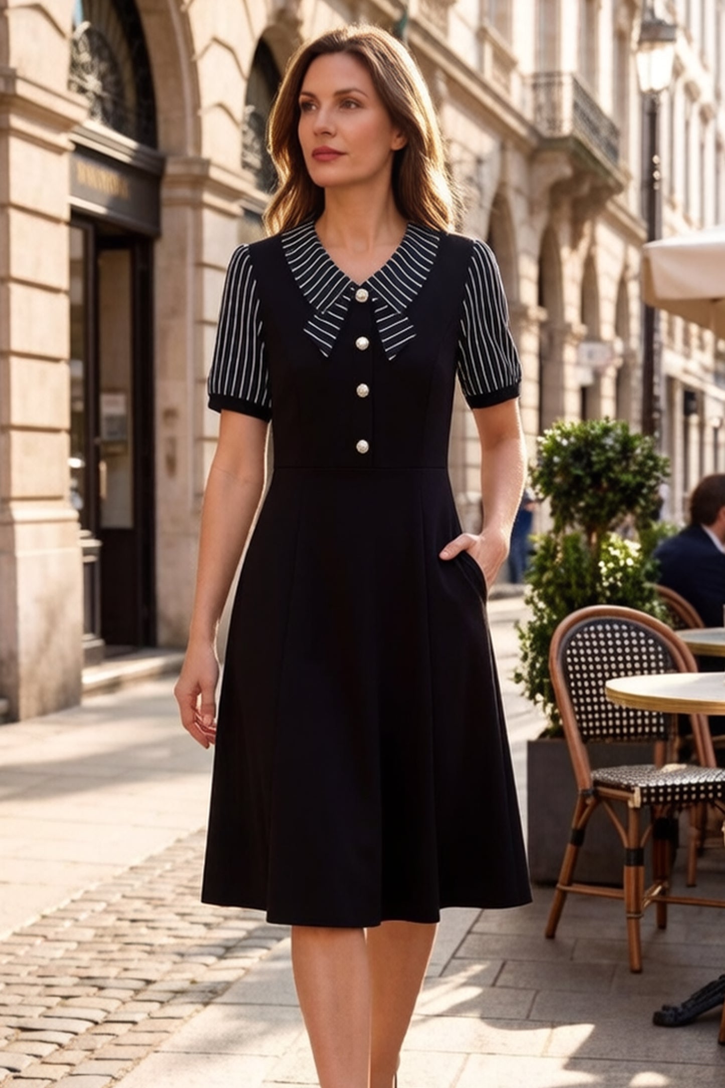 Women's Tie V-Neck Short Sleeve Pocket Midi Dress
