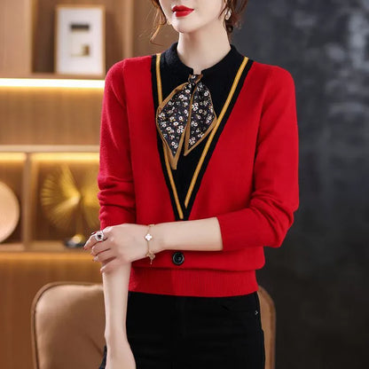 Tie-Neck Knit Sweater for Women | Lightweight Fall Pullover with Vintage-Inspired Collar