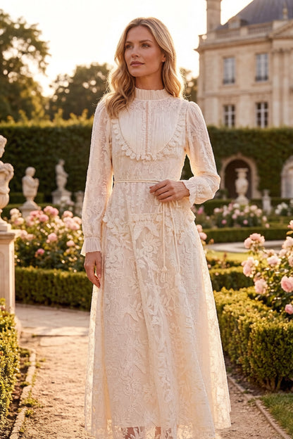 Elegant Embroidered Mesh Bead Trim Maxi Dress  LAI MENG FIVE CATS