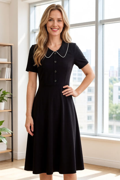 26-Women's Peter Pan Collar Short Sleeve Midi Dress