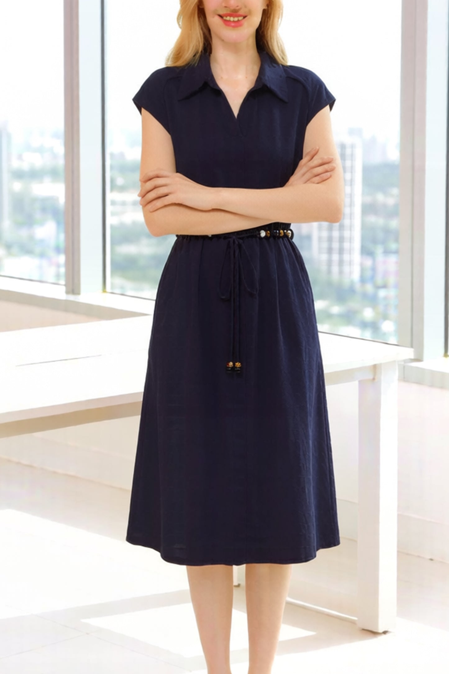 Women's V-Neck Cap Sleeve Pocket Midi Dress - LAI MENG FIVE CATS