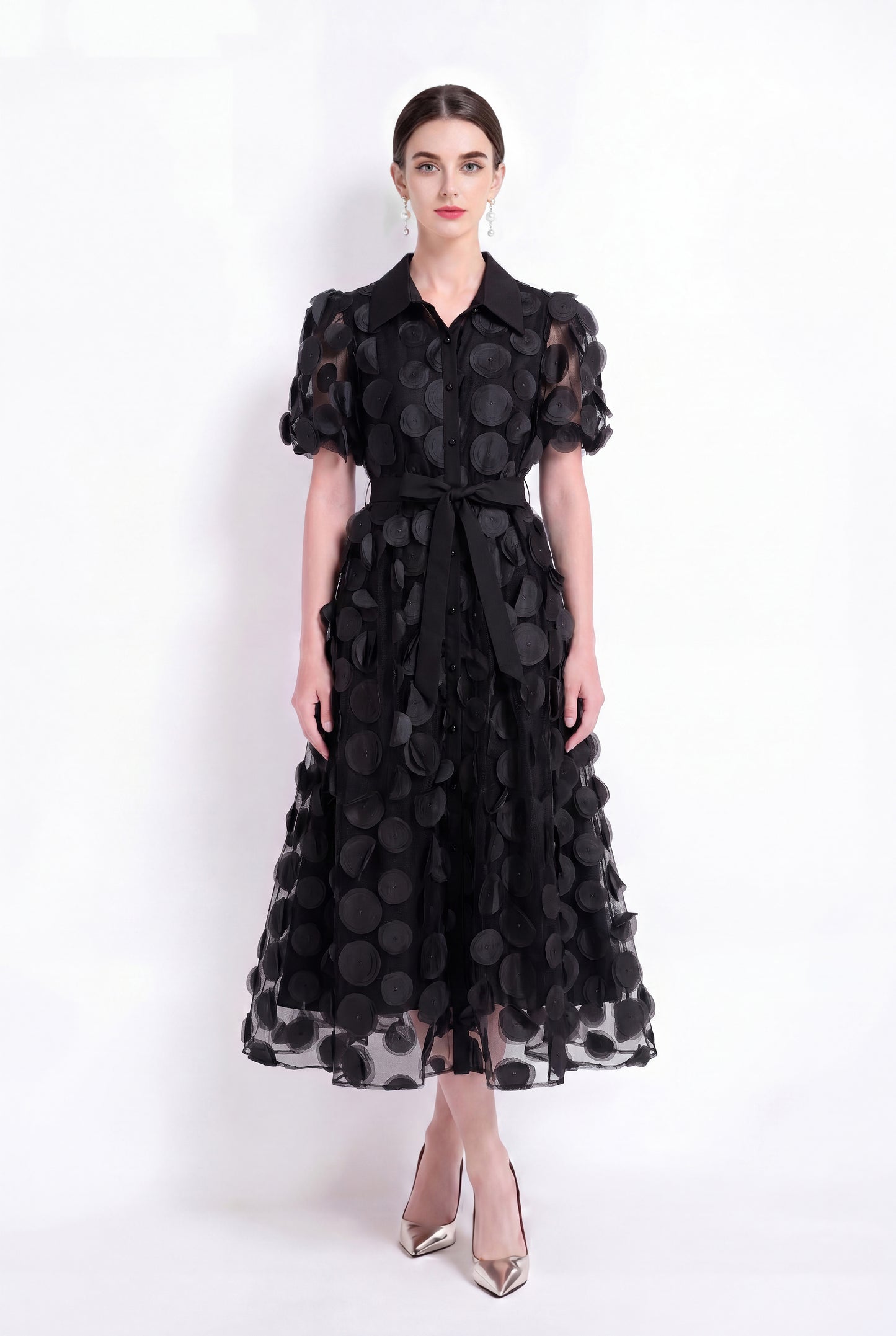 Black 3D Floral Midi Dress
