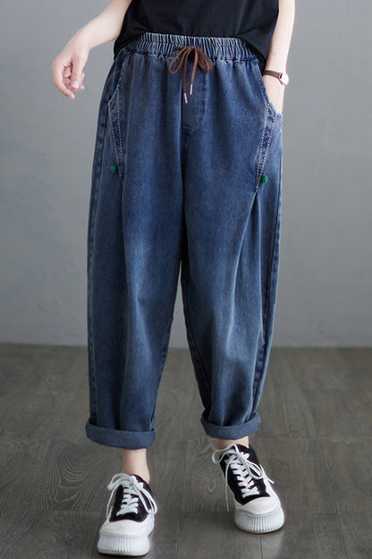 Women Loose Jeans Denim Harem Pants Elastic Waist