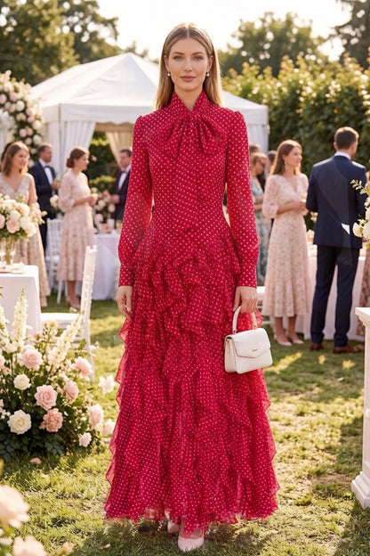 Romantic Polka Dot Chiffon Maxi Dress