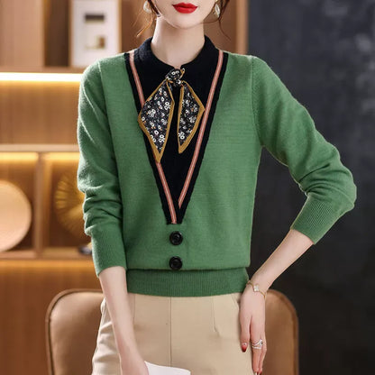 Tie-Neck Knit Sweater for Women | Lightweight Fall Pullover with Vintage-Inspired Collar