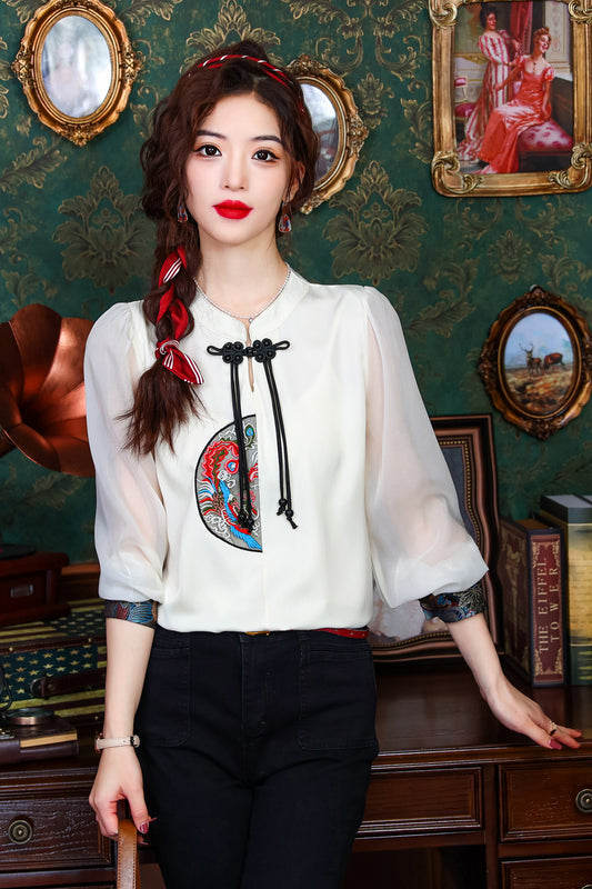 Women's Silk Satin Top Embroidered  Jacquard Shirt