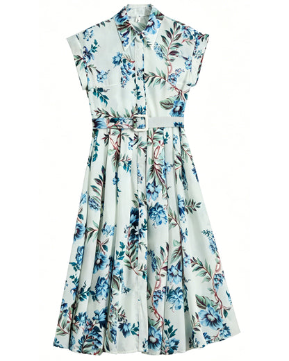 Blue Floral Belted Midi Dress – Coastal Heirloom Style