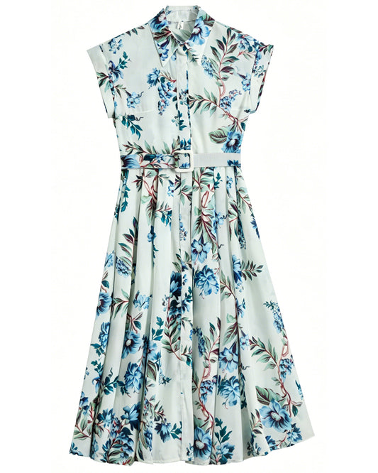 Blue Floral Belted Midi Dress – Coastal Heirloom Style