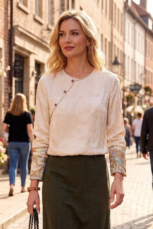 Women's Round Neck Jacquard Embroidery Blouses - LAI MENG FIVE CATS