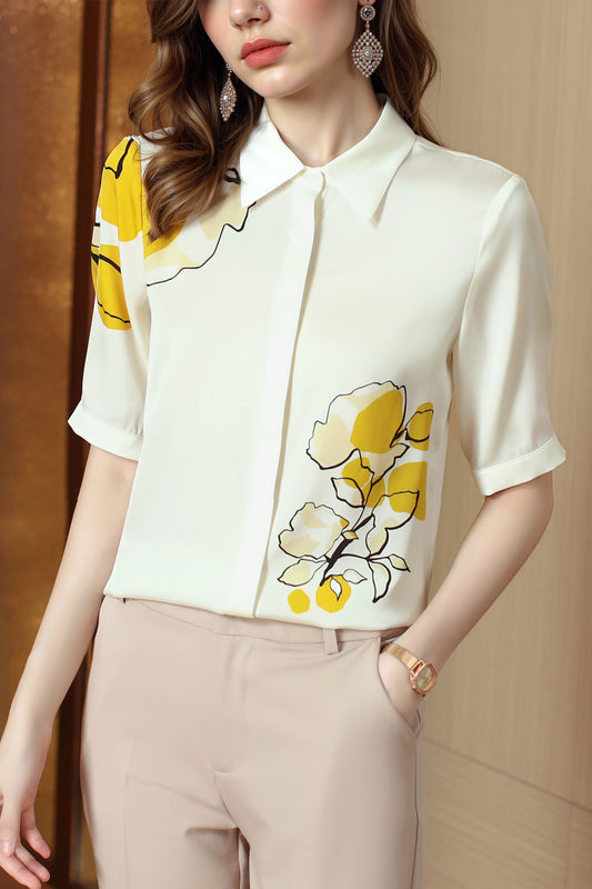 Women's Collared Floral Print Blouse Short Sleeve Tops