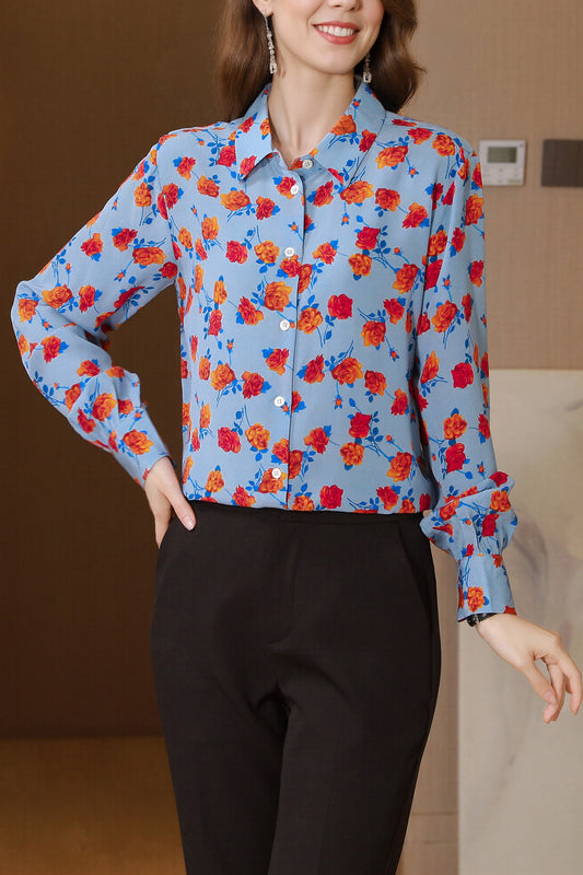 Women's Collared Floral Print Shirt Blouse Tops