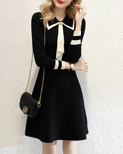Chic Contrast Collar Knit Dress – Timeless Preppy Elegance
