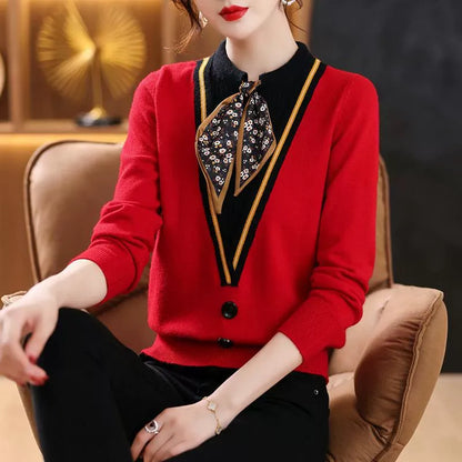 Tie-Neck Knit Sweater for Women | Lightweight Fall Pullover with Vintage-Inspired Collar