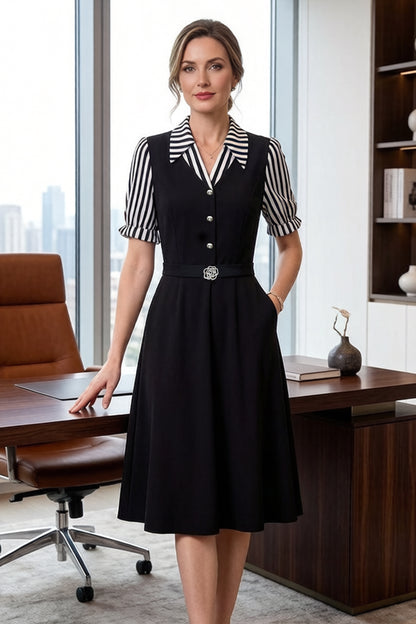 Women's Lapel V-Neck Pocket Short Sleeve Midi Dress - LAI MENG FIVE CATS