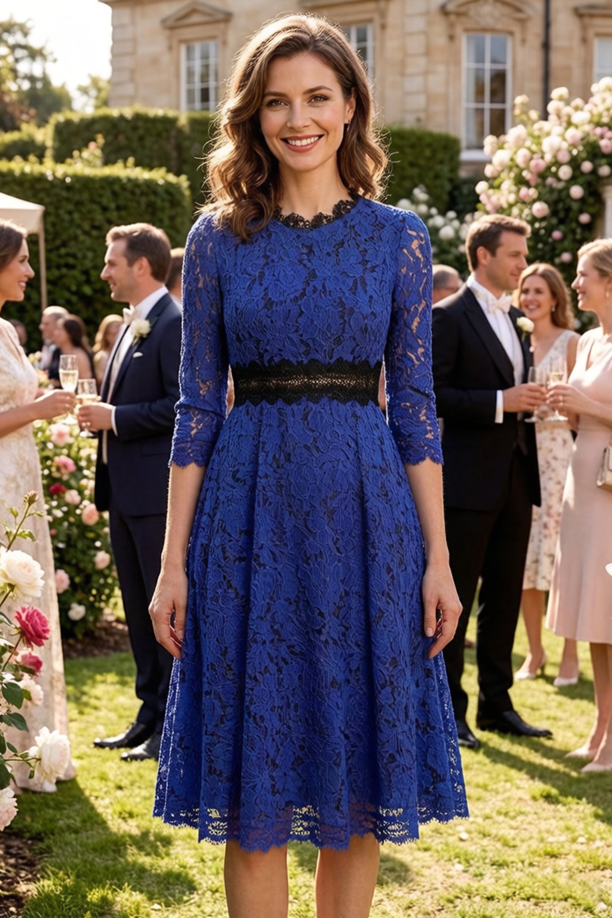 SSY-Women's 3/4 Sleeve Lace Overlay Cocktail Wedding Midi Dress - LAI MENG FIVE CATS