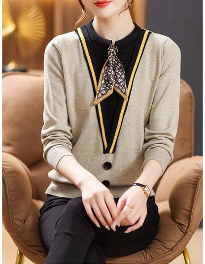 Tie-Neck Knit Sweater for Women | Lightweight Fall Pullover with Vintage-Inspired Collar