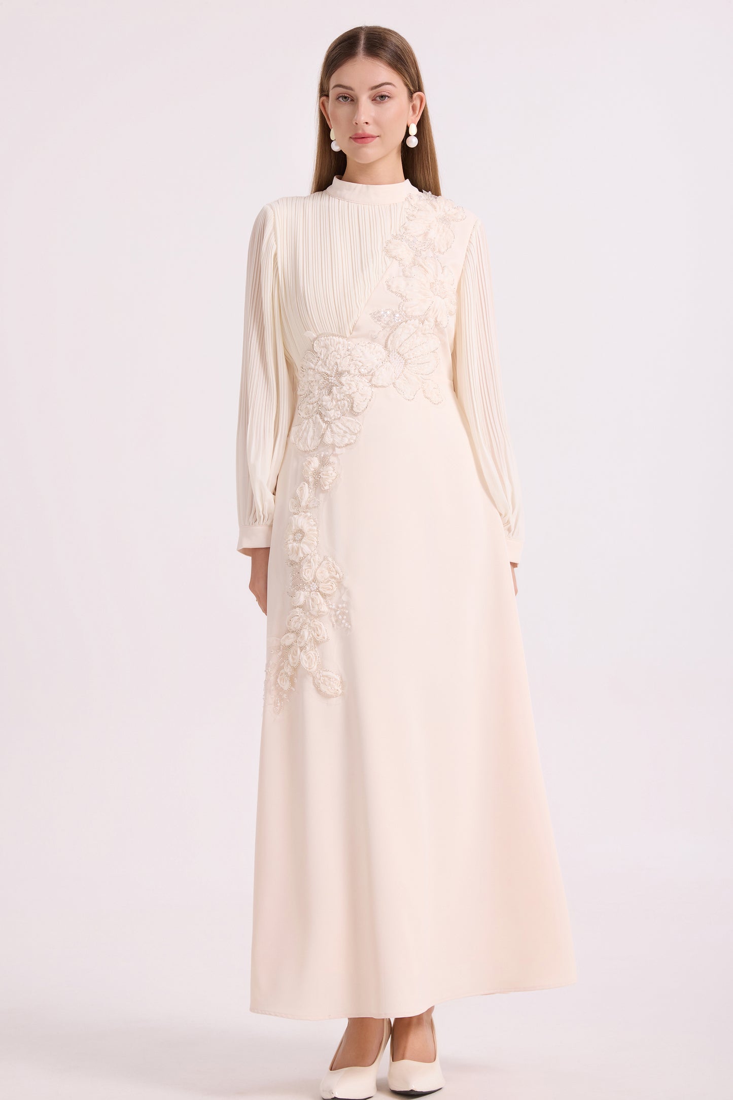 Romantic 3D Flower Lantern Sleeve Maxi Evening Formal Dress