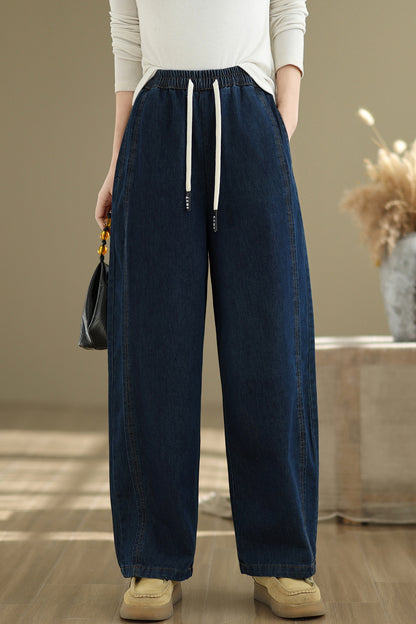 Women's Wide-Leg Jeans Elastic Waist Drawstring Pants