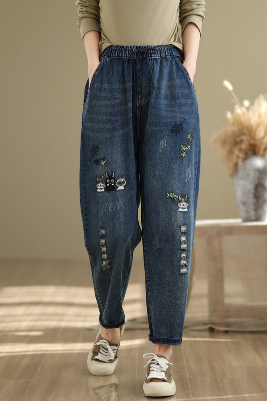 Women Jeans Denim Loose Pants Elastic Waist with Pocket