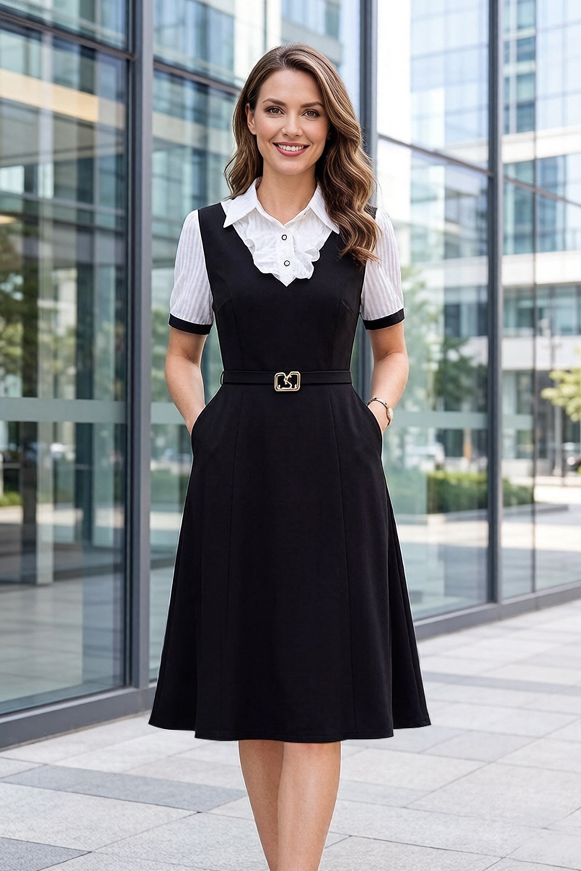Women's Lapel V-Neck Pocket Short Sleeve Midi Dress - LAI MENG FIVE CATS