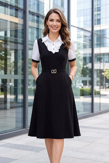 Women's Lapel V-Neck Pocket Short Sleeve Midi Dress - LAI MENG FIVE CATS