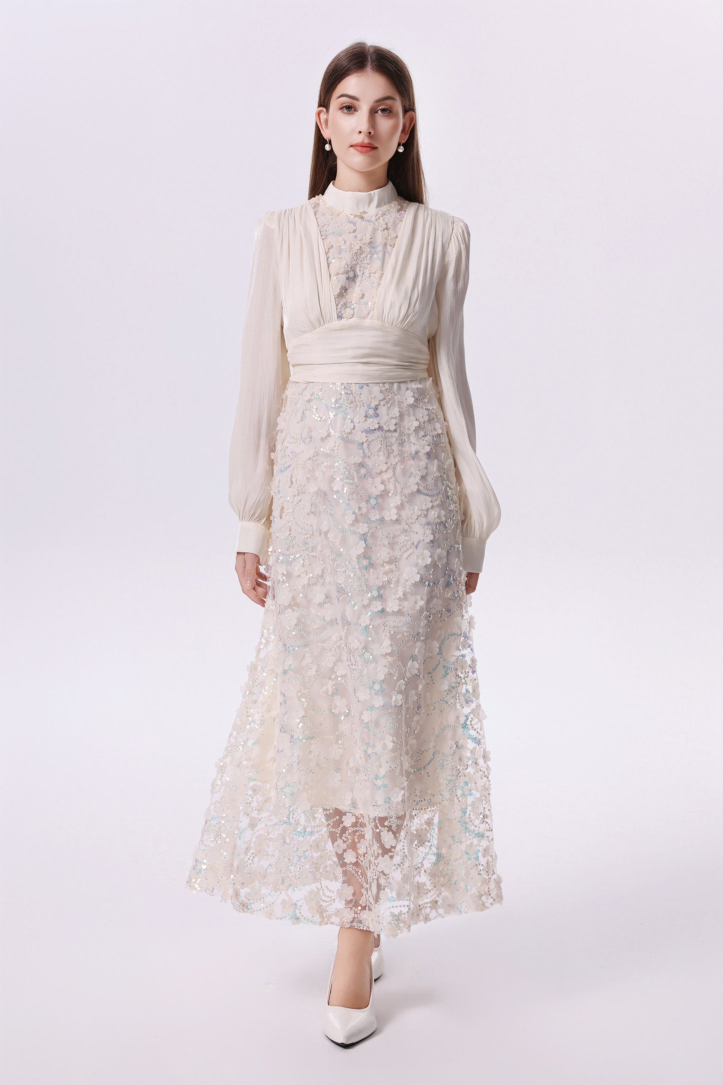 Elegant Sequin Embroidered 3D Floral Maxi Evening Dress