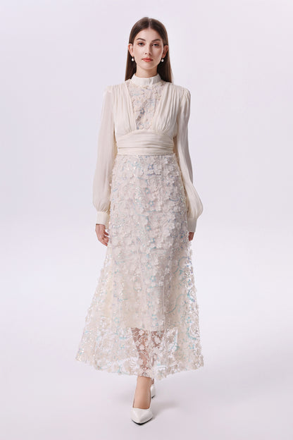 Elegant Sequin Embroidered 3D Floral Maxi Evening Dress