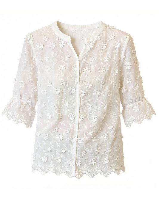 Floral Embroidered V-Neck Bell Sleeve Blouse