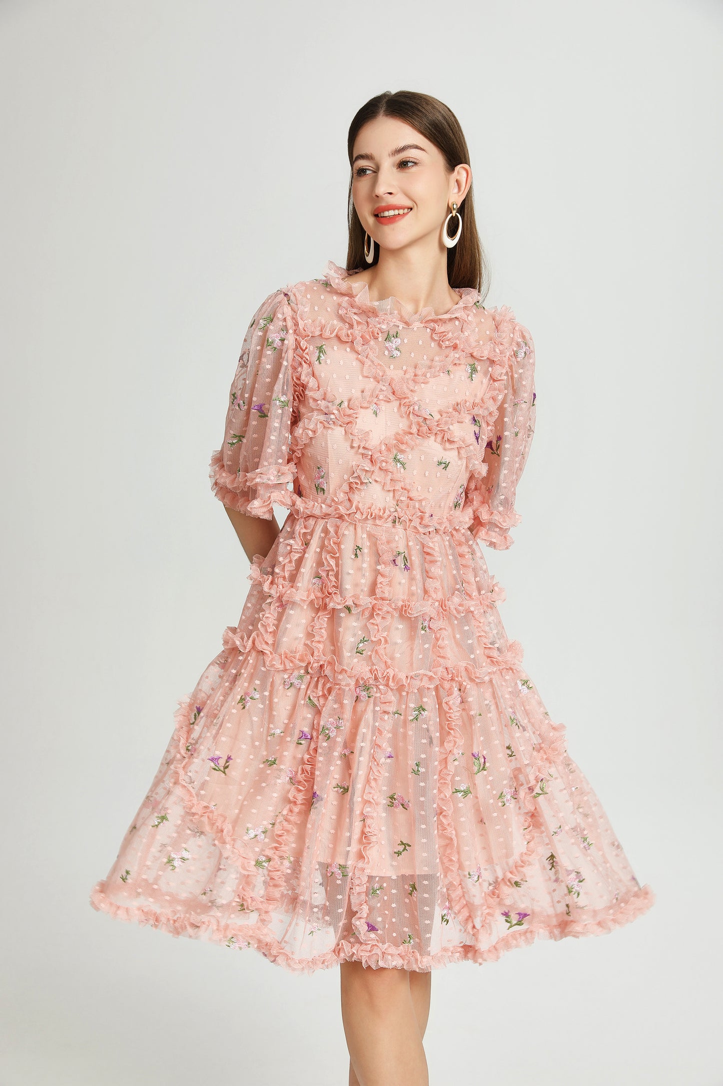 Pink Floral Embroidered Mesh Mini Dress