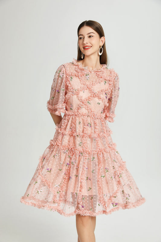 Pink Floral Embroidered Mesh Mini Dress