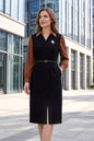 Women's Lapel V-Neck Pocket Long Sleeve Black Dress - LAI MENG FIVE CATS