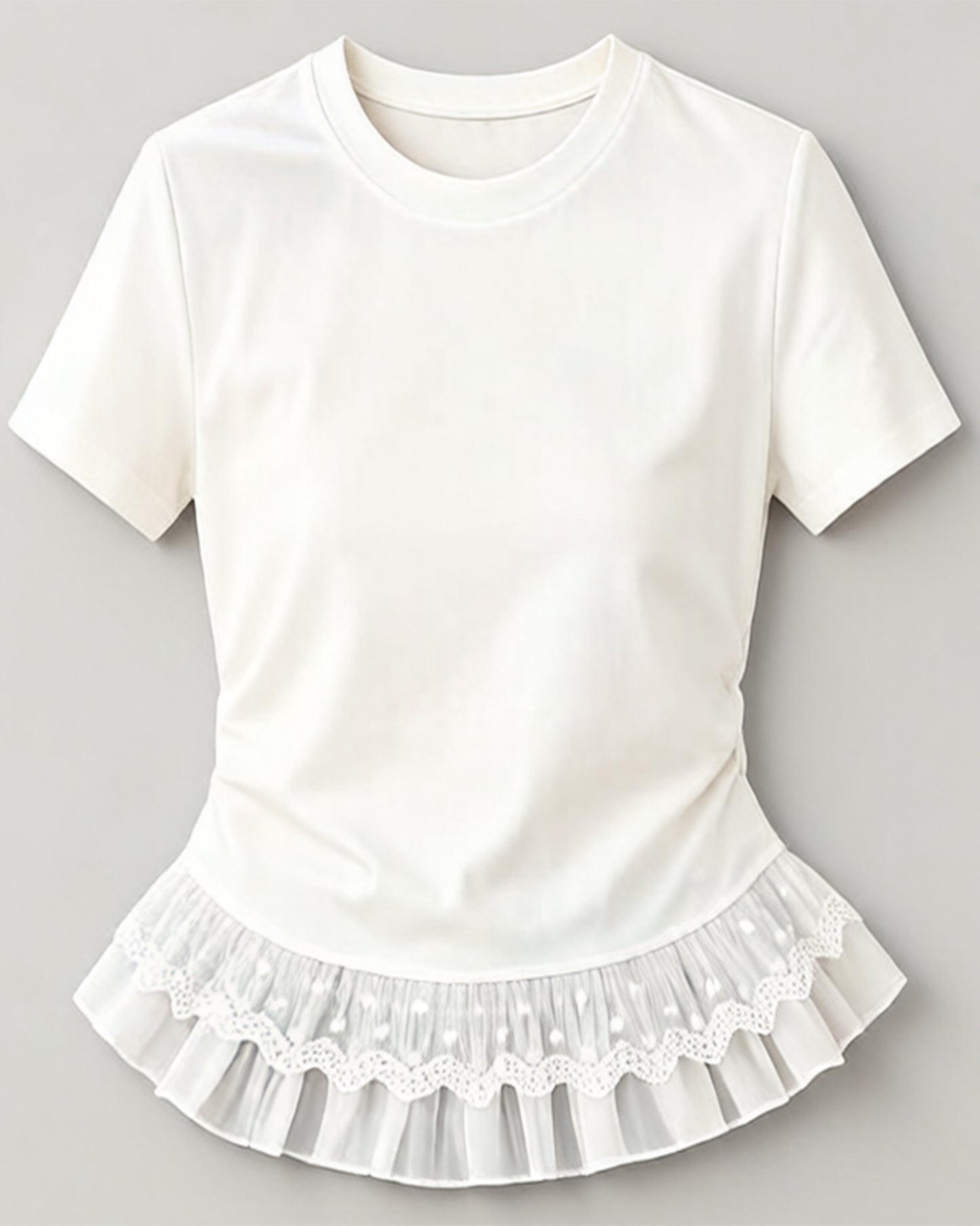 Lace Hem Ruched Tee – Ivory White