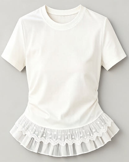 Lace Hem Ruched Tee – Ivory White