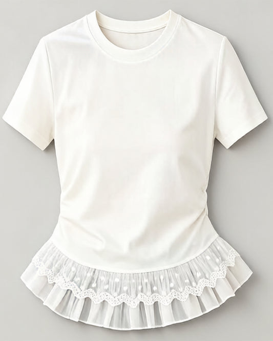Lace Hem Ruched Tee – Ivory White