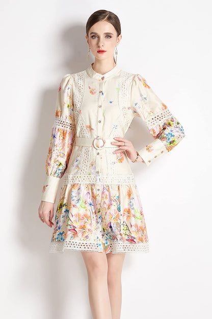 BK-Floral Print Button up Mini Dress with Belt