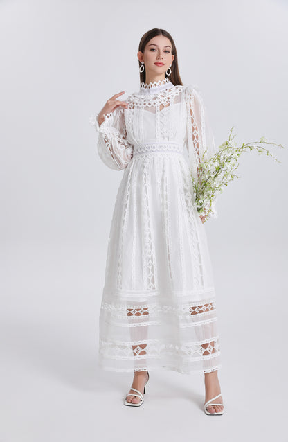 Elegant French-Inspired Lace Hollowed-out Maxi Dress