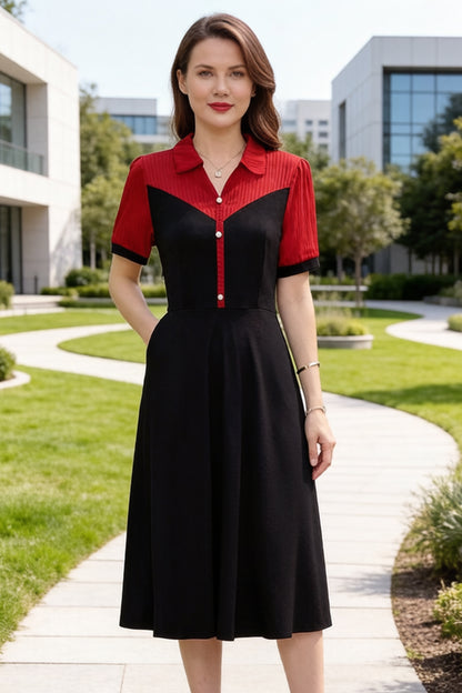 Women's Lapel V-Neck Pocket Short Sleeve Midi Dress - LAI MENG FIVE CATS
