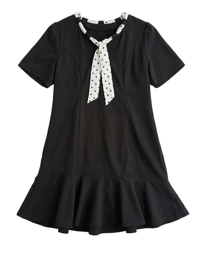 Polka Dot Tie-Neck Black Dress | Elegant Summer Day Dress