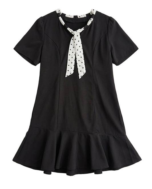 Polka Dot Tie-Neck Black Dress | Elegant Summer Day Dress