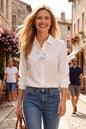 Women's V Neck Lantern Sleeve Blouse Button Tops - LAI MENG FIVE CATS