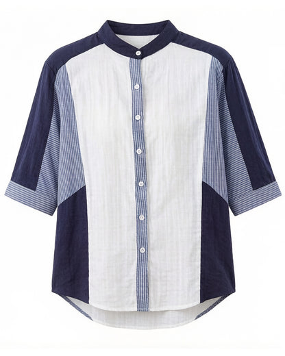 Cotton Colorblock Mandarin Collar Shirt – White & Navy