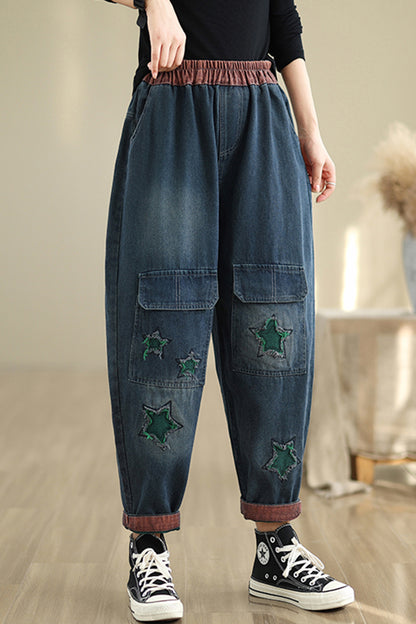 Women Loose Jeans Denim Pants Elastic Waist