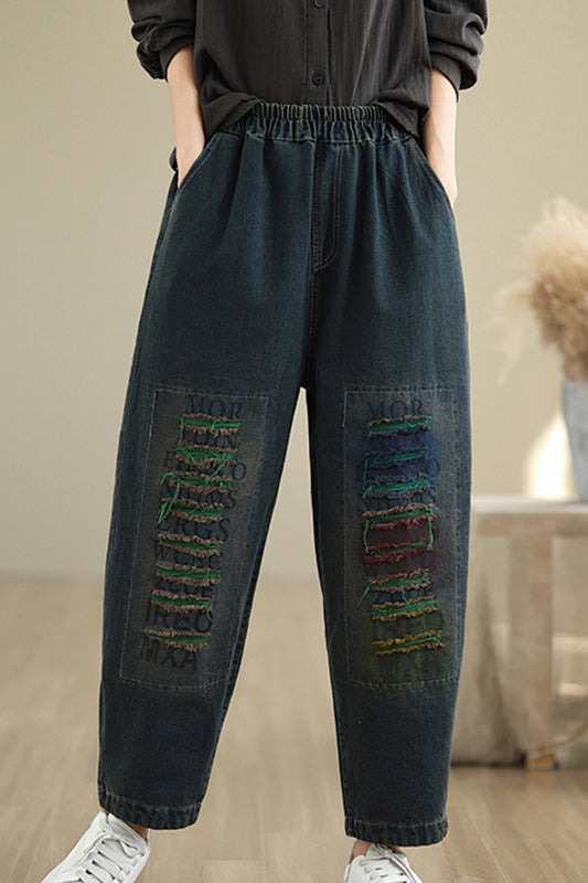 Women Loose Jeans Denim Pants Elastic Waist