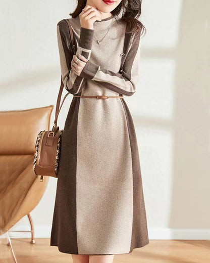 Elegant Two-Tone Knit Midi Dress – Timeless Autumn/Winter Style