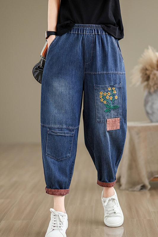 Women Loose Jeans Denim Pants Elastic Waist